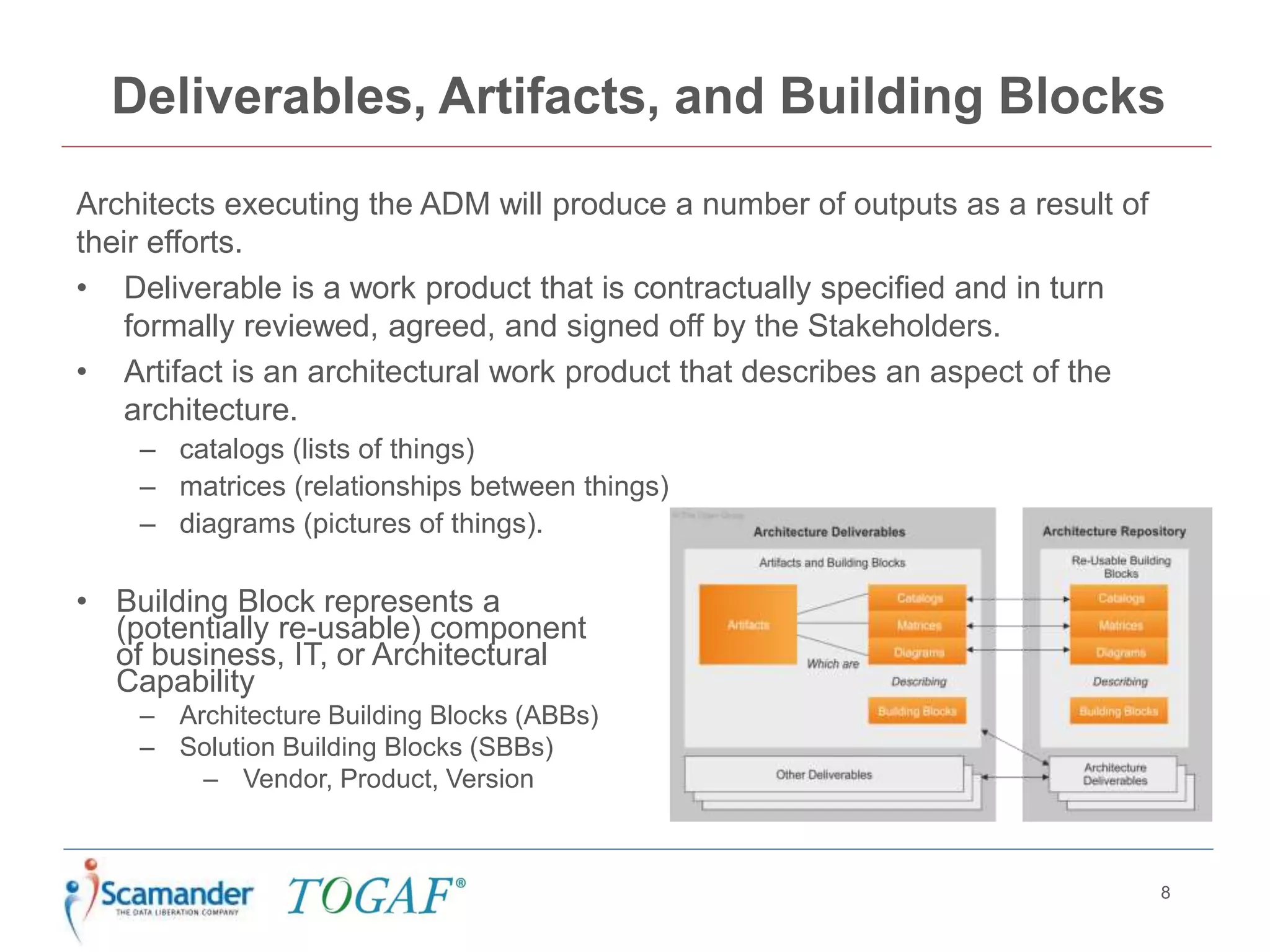 Deliverables, Artifacts, and Building Blocks
8
Architects executing the ADM will produce a number of outputs as a result of
their efforts.
• Deliverable is a work product that is contractually specified and in turn
formally reviewed, agreed, and signed off by the Stakeholders.
• Artifact is an architectural work product that describes an aspect of the
architecture.
– catalogs (lists of things)
– matrices (relationships between things)
– diagrams (pictures of things).
• Building Block represents a
(potentially re-usable) component
of business, IT, or Architectural
Capability
– Architecture Building Blocks (ABBs)
– Solution Building Blocks (SBBs)
– Vendor, Product, Version
 