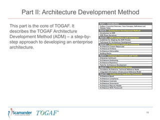 Part II: Architecture Development Method
This part is the core of TOGAF. It
describes the TOGAF Architecture
Development Method (ADM) – a step-by-
step approach to developing an enterprise
architecture.
18
 