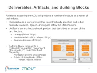 Deliverables, Artifacts, and Building Blocks
8
Architects executing the ADM will produce a number of outputs as a result of
their efforts.
• Deliverable is a work product that is contractually specified and in turn
formally reviewed, agreed, and signed off by the Stakeholders.
• Artifact is an architectural work product that describes an aspect of the
architecture.
– catalogs (lists of things)
– matrices (relationships between things)
– diagrams (pictures of things).
• Building Block represents a
(potentially re-usable) component
of business, IT, or Architectural
Capability
– Architecture Building Blocks (ABBs)
– Solution Building Blocks (SBBs)
– Vendor, Product, Version
 