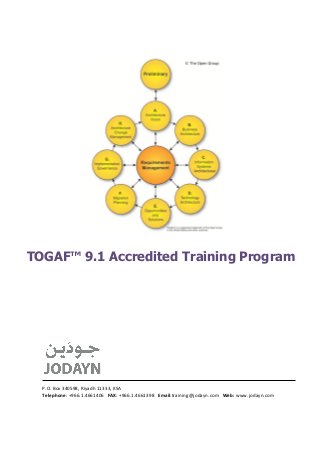 TOGAF™ 9.1 Accredited Training Program
P.O. Box 340598, Riyadh 11333, KSA
Telephone: +966.1.4661406 FAX: +966.1.4661398 Email:training@jodayn.com Web: www.jodayn.com
 