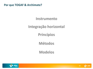 Por que TOGAF & Archimate?



                     Instrumento
                Integração horizontal
                       Princípios

                       Métodos

                       Modelos


                                        21
 