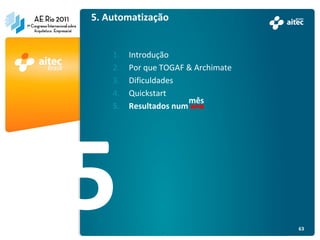 5. Automatização


    1.   Introdução
    2.   Por que TOGAF & Archimate
    3.   Dificuldades
    4.   Quickstart
                       mês
    5.   Resultados num ano




                                     63
 