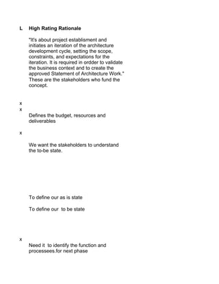 L   High Rating Rationale

    "It's about project establisment and
    initiates an iteration of the architecture
    development cycle, setting the scope,
    constraints, and expectations for the
    iteration. It is required in ordder to validate
    the business context and to create the
    approved Statement of Architecture Work."
    These are the stakeholders who fund the
    concept.


x
x
    Defines the budget, resources and
    deliverables

x

    We want the stakeholders to understand
    the to-be state.




    To define our as is state

    To define our to be state




x
    Need it to identify the function and
    processees.for next phase
 