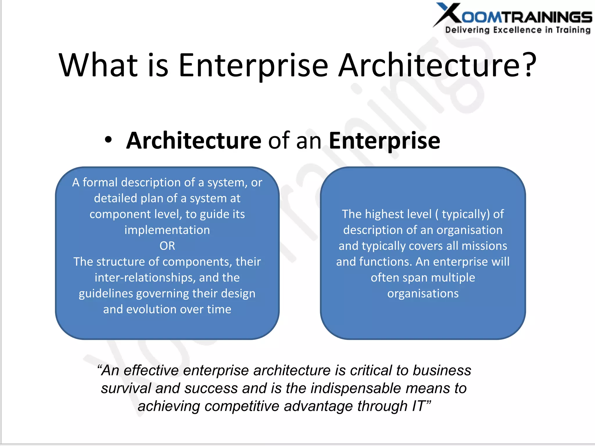 What is Enterprise Architecture?
• Architecture of an Enterprise
A formal description of a system, or
detailed plan of a system at
component level, to guide its
implementation
OR
The structure of components, their
inter-relationships, and the
guidelines governing their design
and evolution over time
The highest level ( typically) of
description of an organisation
and typically covers all missions
and functions. An enterprise will
often span multiple
organisations
“An effective enterprise architecture is critical to business
survival and success and is the indispensable means to
achieving competitive advantage through IT”
 