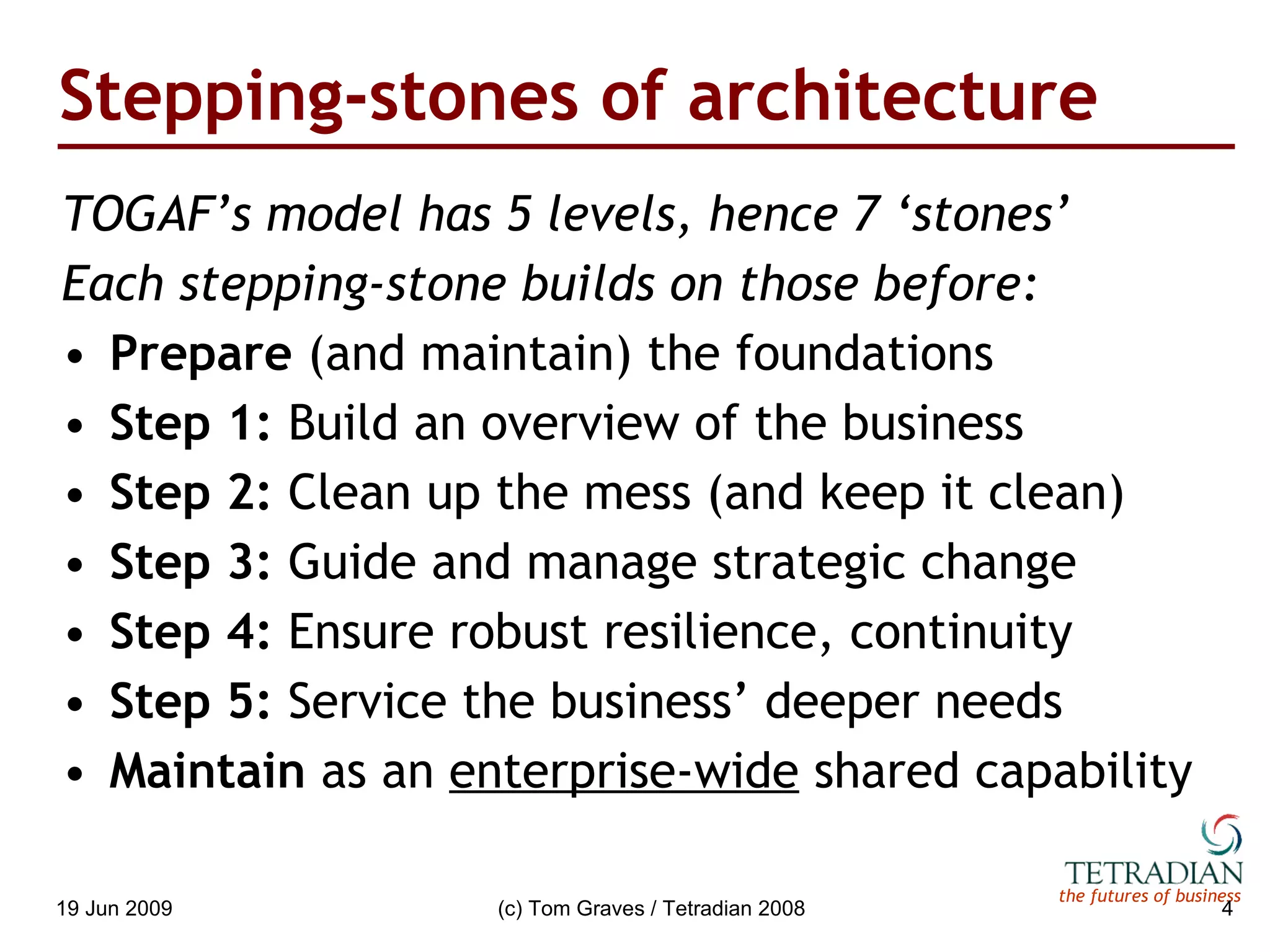 Stepping-stones of architecture TOGAF’s model has 5 levels, hence 7 ‘stones’ Each stepping-stone builds on those before: Prepare  (and maintain) the foundations Step 1:  Build an overview of the business Step 2:  Clean up the mess (and keep it clean) Step 3:  Guide and manage strategic change Step 4:  Ensure robust resilience, continuity Step 5:  Service the business’ deeper needs Maintain  as an  enterprise-wide  shared capability 