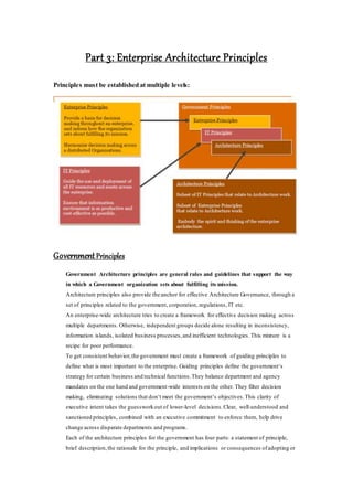 Part 3: Enterprise Architecture Principles
Principles must be established at multiple levels:
GovernmentPrinciples
Government Architecture principles are general rules and guidelines that support the way
in which a Government organization sets about fulfilling its mission.
Architecture principles also provide the anchor for effective Architecture Governance, through a
set of principles related to the government, corporation, regulations, IT etc.
An enterprise-wide architecture tries to create a framework for effective decision making across
multiple departments. Otherwise, independent groups decide alone resulting in inconsistency,
information islands, isolated business processes,and inefficient technologies.This mixture is a
recipe for poor performance.
To get consistent behavior,the government must create a framework of guiding principles to
define what is most important to the enterprise. Guiding principles define the government‘s
strategy for certain business and technical functions.They balance department and agency
mandates on the one hand and government-wide interests on the other. They filter decision
making, eliminating solutions that don‘t meet the government‘s objectives.This clarity of
executive intent takes the guessworkout of lower-level decisions.Clear, well-understood and
sanctioned principles, combined with an executive commitment to enforce them, help drive
change across disparate departments and programs.
Each of the architecture principles for the government has four parts: a statement of principle,
brief description,the rationale for the principle, and implications or consequences ofadopting or
 