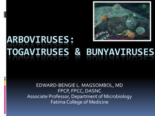 ARBOVIRUSES:TOGAVIRUSES & BUNYAVIRUSES EDWARD-BENGIE L. MAGSOMBOL, MD FPCP, FPCC, DASNC Associate Professor, Department of Microbiology Fatima College of Medicine 
