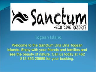 Welcome to the Sanctum Una Una Togean
Islands. Enjoy with your friends and families and
see the beauty of nature. Call us today at +62
812 853 25669 for your booking.
 