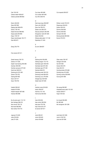 20


Cek 139-105                 Cuci baju 483-486            Curi sepeda 009-037
Celana dalam 809-837        Cuci cawan 687-659
Celana pendek 869-862       Cuci film 028-018


                            D
Dacin 248-250               Dasi kupu-kupu 892-897       Dirikan rumah 370-372
Dadu 897-892                Daun sirih 350-348           Dispensay 034-023
Daging babi 890-876         Daun the 706-741             Doktor 024-016
Danau 126-140               Dawai cina 285-275           Domino 840-826
Dapat lencana 686-683       Dayung sampan 264-296        Domino 953-952
Dapat piala 654-665         Dengarkan radio 801-845      Dompet 330-349
Dapur 158-157               Dettol 052-053               Dorong kereta 660-682
Dapur tanah/anglo 193-171   Dibawa jalan-jalan 117-138   Durian 570-572
Dasi 893-871                Diperiksa 471-493


                            E
Elang 763-779               Es krim 588-567


                            F
Foto studio 027-011


                            G
Gadai barang 136-133        Gedung klub 054-065          Gilas cabai 159-187
Gaharu 417-428              Gelang tangan 172-170        Gilingan 533-536
Gajah muat barang 383-386   Gembala ayam 405-439         Got 557-558
Gambar 480-499              Gembala babi 481-494         Granat 463-479
Gambar penyanyi 077-061     Gembala sapi 377-361         Gula 004-015
Ganti ban 946-914           Gembok 884-873               Gunting kertas 575-585
Gantung diri 351-395        Gendong anak 324-316         Gunting kuku 813-829
Garam 753-752               Gendong anak 663-679         Gunting rambut 830-849
Gasing 697-692              Gendong cucu 376-390         Gunung 851-895
Gaun 327-311                Gergaji kayu 622-620
Gaun 748-750                Getah tube 037-009


                            H
Hadiah 006-041              Handuk muka 816-824          Hio wangi 994-981
Hadiah 815-804              Hantu 458-457                Hospital/rumah sakit 115-104
Hadiah kekasih 067-088      Harimau 101-145              Hostes 838-817
Handuk 883-886              Harmonica 552-553            Hujan 434-423


                            I
Ibu & anak ayam 112-119     Intan 623-634                Isi minyak 954-965
Ikan berlaga 366-374        Isap candu 565-554           Itik 380-399
Ikan loncat 128-118         Isap pipa 733-736            Itik mengeram 391-356
Ikat karet 960-982          Isap rokok 261-277
Ikat rambut 724-716         Isi bensin 827-811


                            J
Jagung 313-329              Jerat 206-241                Jual lotere 041-006
Jahe 916-924                Jeruk 439-405                Jual mi 749-730
Jala 271-293                Jeruk 478-468                Jual mie 057-058
 