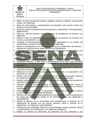 Modelo de
Mejora
Continua
LÍNEA TECNOLÓGICA DEL PROGRAMA: CLIENTE
RED DE TECNOLOGIAS DE GESTIÓN ADMINISTRATIVA Y SERVICIOS
FINANCIEROS
17
 Utiliza los tipos de recursos humanos, logísticos, internos y externos para proveer
fuentes, con objetividad
 Aplica las herramientas y procedimientos de planeación para proveer fuentes de
personal, con ecuanimidad
 Utiliza los criterios de planeación para la ejecución e interpretación del presupuesto,
diligentemente.
 Opera el software aplicativo para los procesos de preselección de personal, con
objetividad
 Elabora el plan de actividades para la preselección de personal, de acuerdo con
normas y procedimientos y practicas institucionales.
 Interpreta el direccionamiento estratégico de la organización en el proceso de
reclutamiento o provisión del talento humano, con objetividad
 Ejecuta el presupuesto en la selección de fuentes de reclutamiento de personal ,
teniendo en cuenta normas y requerimientos de la Organización
 Utiliza con objetividad y diligencia los tipos de recursos para proveer fuentes, con
objetividad y diligencia.
 Identifica las diferentes fuentes que proveen personal y las verifica de acuerdo con
las políticas y requerimientos de la organización.
 Selecciona las fuentes teniendo en cuenta procedimientos, normas y políticas
 Demuestra habilidad y ética para la determinación de la razón costo beneficio
utilizando los indicadores de gestión y racionalidad de los recursos asignados en la
planeación.
 Presenta informes sobre la provisión de personal en la organización teniendo en
cuenta las normas técnicas y de calidad
 Selecciona la fuente mas adecuada para proveer personal a la organización con
discreción y en términos éticos
 Elabora instrumento de Requisición de Personal de manera responsable, teniendo
en cuenta los requerimientos de la Organización, de manera responsable.
 Diseña y aplica instrumentos para levantar información en el proceso de provisión de
personal, con responsabilidad
 Interpreta políticas, prácticas y planes de reclutamiento de personal, frente al
proceso para preseleccionar candidatos en el sector público y privado, de manera
responsable
 Identifica el perfil ocupacional, la descripción y análisis del cargo que se espera
proveer de acuerdo a las fuentes identificadas
 Describe con objetividad y responsabilidad las características y perfil ocupacional de
los cargos que se requieren reclutar en las diferentes fuentes, con objetividad y
responsabilidad
 Realiza la apertura de la convocatoria para preseleccionar el personal de la
organización de acuerdo con las normas, practicas, planes y políticas de la
organización, con diligencia y responsabilidad
 Preselecciona los candidatos, teniendo en cuenta políticas, normas, practicas, planes
y requerimientos de la Organización. con diligencia y objetividad
 Elabora un sistema de información de aspirantes que sea pertinente a los
 