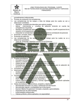 Modelo de
Mejora
Continua
LÍNEA TECNOLÓGICA DEL PROGRAMA: CLIENTE
RED DE TECNOLOGIAS DE GESTIÓN ADMINISTRATIVA Y SERVICIOS
FINANCIEROS
24
procedimientos institucionales.
 Proceso de evaluación de competencias.
 Las competencias de los cargos y roles de trabajo para los cuales se van a
seleccionar candidatos
- Identificar competencias laborales para aplicar pruebas.
- Aplicar instrumentos y pruebas de selección teniendo en cuenta las
competencias requeridas
- Identificar competencias laborales para aplicar pruebas, el perfil ocupacional de la
vacante, el rol ocupacional en la organización
- Interpretar la normatividad laboral colombiana, sobre la contratación de personal.
 Entrevista: concepto, fases, características, e importancia
 Entrevista de selección
 Las competencias de los cargos y roles de trabajo para los cuales se va a
seleccionar candidatos.
- Tipos de Entrevista. Aspectos a evaluar en la Entrevista
- Preparación para la entrevista como entrevistador y entrevistado
- Entorno familiar, económico, social: conceptos y características.
- Importancia de referencias laborales y personales, en la entrevista y el proceso.
- Visita domiciliaria: consideraciones jurídicas, de seguridad, familiares, sociales y
generales
- Desarrollar entrevistas de selección identificando las competencias requeridas por
la Organización.
- Preparar el ambiente y documentos de la entrevista.
- Herramientas tecnológicas
 Pruebas psicológicas:
- Concepto de la prueba.
- Historia y contexto del las pruebas de selección de personal
- Clases de test, características, aspectos éticos y calificación
- Competencias laborales: generalidades, tipos, importancia para la selección de
personal. Instrumentos de evaluación
 Competencias y roles de trabajo.
 Instrumentos de evaluación
- Análisis funcional y Comportamental para la selección de personal
- Descripción de cargos y Perfiles ocupacionales
 Concepto y características de la información de personal, laboral y referencial
- Características y condiciones de la requisición de personal
- Perfil ocupacional; Competencias requeridas y
- Cultura organizacional, políticas y normas vigentes de la Organización aplicadas
en la selección de personal.
 Visitas domiciliarias; características, propósito y objetivos
- Normatividad asociada a la visita y verificación de Información
- Normatividad vigente y confiabilidad de la información.
- Examen Médico Ocupacional: Concepto, propósito y generalidades.
- Preexistencias de enfermedades
- Enfermedades profesionales
- Valores jurídicos y éticos aplicados a la especialidad
 