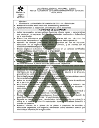 Modelo de
Mejora
Continua
LÍNEA TECNOLÓGICA DEL PROGRAMA: CLIENTE
RED DE TECNOLOGIAS DE GESTIÓN ADMINISTRATIVA Y SERVICIOS
FINANCIEROS
34
ejecutado.
- Identificar no conformidades del programa de Inducción –Reinducción.
 Presentar el informe de los resultados de inducción y reinducción.
 Aplicar software en la elaboración, presentación y envío de informes
4.CRITERIOS DE EVALUACION
 Aplica los conceptos, normas, políticas, funciones, roles de trabajo y características
que existen en los programas de inducción-reinducción, en el contexto de la cultura
de la organización.
 Elabora los instrumentos para identificar las variables del plan de inducción-
reinducción de acuerdo con las normas y procedimientos de la organización.
 Identifica las variables para utilizar en la elaboración del plan de inducción-
reinducción en las organizaciones públicas y privadas, y de acuerdo con el
direccionamiento estratégico de la organización.
 Elabora el plan de inducción y reinducción con base en las variables identificadas
normas, políticas y requerimientos de la Organización.
 Aplica las técnicas para el diseñar los instrumentos de evaluación del proceso
inducción – reinducción.
 Aplica los medios y recursos pedagógicos a utilizar en plan de inducción reinducción
de acuerdo a las técnicas y requerimientos establecidos.
 Opera el software y demás recursos asignados en la elaboración de medios y
recursos destinados al plan de inducción y reinducción de personal
 Realiza un procedimiento de alistamiento de medios y recursos para utilizar en los
programas de inducción y orientación de personal
 Establece los medios de información manual y automatizada para suministrar la
información de los planes de inducción – reinducción de acuerdo a los procesos,
procedimientos y sistemas de gestión de la organización.
 Interpreta el manual de funciones, régimen de prestaciones y compensaciones, como
herramienta fundamental para la ejecución del plan de inducción.
 Aplica las técnicas de comunicación oral y escrita facilitando la toma de decisiones
en la ejecución del plan de inducción – reinducción.
 Proporciona la información de las actividades, documentos y el material a las
instancias involucradas en el proceso de ejecución del plan de inducción –
reinducción.
 Aplica el programa de inducción y reinducción de personal con objetividad y
pertinencia de acuerdo a la metodología adoptada y las variables identificadas.
 Realiza con responsabilidad las actividades de del plan de inducción-reinducción de
acuerdo con los recursos, normas y procedimientos establecidos.
 Describe las clases, conceptos y características de los instrumentos de evaluación a
utilizar en el proceso de inducción- reinducción, siguiendo indicadores de gestión y
criterios para evaluar.
 Presenta informes de la gestión de los planes y programas de inducción y
reinducción de personal, con diligencia y teniendo en cuenta las normas técnicas y la
metodología adoptada por la organización
 