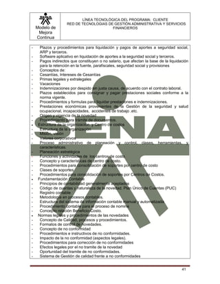 Modelo de
Mejora
Continua
LÍNEA TECNOLÓGICA DEL PROGRAMA: CLIENTE
RED DE TECNOLOGIAS DE GESTIÓN ADMINISTRATIVA Y SERVICIOS
FINANCIEROS
41
- Plazos y procedimientos para liquidación y pagos de aportes a seguridad social,
ARP y terceros.
- Software aplicativo en liquidación de aportes a la seguridad social y terceros.
- Pagos indirectos que constituyen o no salario, que afectan la base de la liquidación
para la retención en la fuente, parafiscales, seguridad social y provisiones
- Conceptos de:
- Cesantías, Intereses de Cesantías
- Primas legales y extralegales
- Vacaciones
- Indemnizaciones por despido sin justa causa, de acuerdo con el contrato laboral.
- Plazos establecidos para consignar y pagar prestaciones sociales conforme a la
norma vigente.
- Procedimientos y formulas para liquidar prestaciones e indemnizaciones.
- Prestaciones económicas provenientes de la Gestión de la seguridad y salud
ocupacional, incapacidades, accidentes de trabajo .etc.
- Origen y vigencia de la novedad
- Procedimiento para trámite de documentos.
 Estructura de la organización y Centro de costos
- Estructura de la organización
- Misión, visión
- Valores corporativos
- Proceso administrativo de planeación y control, clases, herramientas, y
características.
- Planeación estratégica
- Funciones y actividades de los centros de costo.
- Concepto y características de centro de costo.
- Procedimientos para consolidación de soportes por centro de costo
- Clases de soportes
- Procedimientos para consolidación de soportes por Centros de Costos.
 Fundamentación Contable
- Principios de contabilidad generalmente aceptados
- Código de cuentas y naturaleza de la novedad. Plan Único de Cuentas (PUC)
- Registro contable
- Metodología en procesos contables.
- Estructura del sistema de información contable manual y automatizada
- Procedimiento contable para el proceso de nomina
- Concepto relación Beneficio-Costo.
 Normas legales y procedimientos de las novedades
- Concepto de Calidad, procesos y procedimientos.
- Formatos de control de novedades.
- Concepto de no conformidad
- Procedimientos e instructivos de no conformidades.
- Impacto de la no conformidad (aspectos legales).
- Procedimientos para corrección de no conformidades
- Efectos legales por el no tramite de la novedad
- Oportunidad del tramite de no conformidades.
- Sistema de Gestión de calidad frente a no conformidades
 