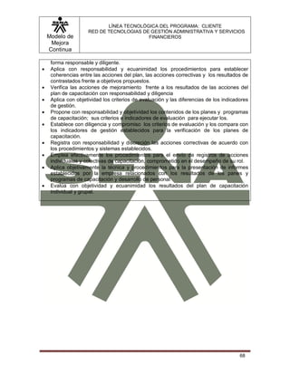 Modelo de
Mejora
Continua
LÍNEA TECNOLÓGICA DEL PROGRAMA: CLIENTE
RED DE TECNOLOGIAS DE GESTIÓN ADMINISTRATIVA Y SERVICIOS
FINANCIEROS
68
forma responsable y diligente.
 Aplica con responsabilidad y ecuanimidad los procedimientos para establecer
coherencias entre las acciones del plan, las acciones correctivas y los resultados de
contrastados frente a objetivos propuestos.
 Verifica las acciones de mejoramiento frente a los resultados de las acciones del
plan de capacitación con responsabilidad y diligencia
 Aplica con objetividad los criterios de evaluación y las diferencias de los indicadores
de gestión.
 Propone con responsabilidad y objetividad los contenidos de los planes y programas
de capacitación; sus criterios e indicadores de evaluación para ejecutar los.
 Establece con diligencia y compromiso los criterios de evaluación y los compara con
los indicadores de gestión establecidos para la verificación de los planes de
capacitación.
 Registra con responsabilidad y discreción las acciones correctivas de acuerdo con
los procedimientos y sistemas establecidos.
 Emplea efectivamente los procedimientos para el envío de registros de acciones
individuales y colectivas de capacitación, comprometido en el desempeño de su rol.
 Aplica objetivamente la técnica y procedimientos para la presentación de informes
establecidos por la empresa relacionados con los resultados de los panes y
programas de capacitación y desarrollo de personal
 Evalúa con objetividad y ecuanimidad los resultados del plan de capacitación
individual y grupal.
 