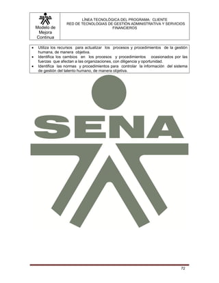 Modelo de
Mejora
Continua
LÍNEA TECNOLÓGICA DEL PROGRAMA: CLIENTE
RED DE TECNOLOGIAS DE GESTIÓN ADMINISTRATIVA Y SERVICIOS
FINANCIEROS
72
 Utiliza los recursos para actualizar los procesos y procedimientos de la gestión
humana, de manera objetiva.
 Identifica los cambios en los procesos y procedimientos ocasionados por las
fuerzas que afectan a las organizaciones, con diligencia y oportunidad.
 Identifica las normas y procedimientos para controlar la información del sistema
de gestión del talento humano, de manera objetiva.
 