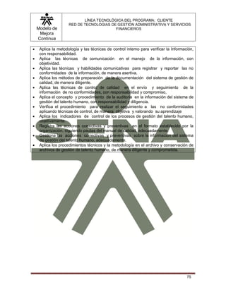 Modelo de
Mejora
Continua
LÍNEA TECNOLÓGICA DEL PROGRAMA: CLIENTE
RED DE TECNOLOGIAS DE GESTIÓN ADMINISTRATIVA Y SERVICIOS
FINANCIEROS
75
 Aplica la metodología y las técnicas de control interno para verificar la Información,
con responsabilidad.
 Aplica las técnicas de comunicación en el manejo de la información, con
objetividad.
 Aplica las técnicas y habilidades comunicativas para registrar y reportar las no
conformidades de la información, de manera asertiva.
 Aplica los métodos de preparación de la documentación del sistema de gestión de
calidad, de manera diligente.
 Aplica las técnicas de control de calidad en el envío y seguimiento de la
información de no conformidades, con responsabilidad y compromiso,
 Aplica el concepto y procedimiento de la auditoria en la información del sistema de
gestión del talento humano, con responsabilidad y diligencia.
 Verifica el procedimiento para realizar el seguimiento a las no conformidades
aplicando técnicas de control, de manera objetiva y valorando su aprendizaje
 Aplica los indicadores de control de los procesos de gestión del talento humano,
objetivamente.
 Registra las acciones correctivas y preventivas en el formato establecido por la
organización, siguiendo pautas del manual de calidad, adecuadamente.
 Gestiona las acciones correctivas y preventivas sobre la información del sistema
de gestión del talento humano, adecuadamente.
 Aplica los procedimientos técnicos y la metodología en el archivo y conservación de
archivos de gestión de talento humano, de manera diligente y comprometida.
 