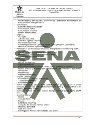 Modelo de
Mejora
Continua
LÍNEA TECNOLÓGICA DEL PROGRAMA: CLIENTE
RED DE TECNOLOGIAS DE GESTIÓN ADMINISTRATIVA Y SERVICIOS
FINANCIEROS
84
- Oportunidades y retos del RFID (Dispositivo de Transferencia de Información por
Frecuencias de Radio) en la SCM.
 Comunicación.
- Elementos de la Comunicación
- Comunicación Verbal
- Comunicación no Verbal
- Normas de convivencia.
 Empresa.
- Concepto
- Actividad económica.
- Estructura orgánico-funcional
- Principios Corporativos
- Cultura Organizacional. Concepto, Misión, Visión y Objetivos Corporativos
- Manual de funciones y procedimientos
 Planeación de los Recursos de la Empresa. Enterprise Resource Planning. (ERP).
- Concepto
- Retos y Soluciones del ERP en la empresa de hoy
- Planeación de los recursos de la empresa (ERP)
- Recomendaciones sobre el ERP
 Protocolo
- Concepto
- Historia del Protocolo
- Clases de Protocolo
- Protocolo en la correspondencia: tarjetas, cartas, portafolio de servicios.
- Normas técnicas y de calidad para la elaboración y presentación de documentos
comerciales.
- Precedencias
- Precedencias militares
 Etiqueta. Concepto
- Etiqueta Social, y Etiqueta Empresarial
- Tarjetas Empresariales
- Etiqueta en la Mesa
 Normas técnicas de Gestión de la Calidad vigentes para el servicio al cliente.
Concepto, fundamentos, trazabilidad del servicio al cliente y mejora continua en los
procesos de servicio al cliente.
 Normas de Calidad ISO 9000, Malcom Baldrige Nacional Quality Award, EFQM,
otros.
 Servicio al Cliente:
- Cliente
- Tipos de clientes
- Servicio
- Estándares del servicio
- Triángulos del Servicio: Interno y externo
- Momentos de Verdad
- Ciclo del Servicio
- Estrategias de Atención Personalizada: Cara a cara.
 