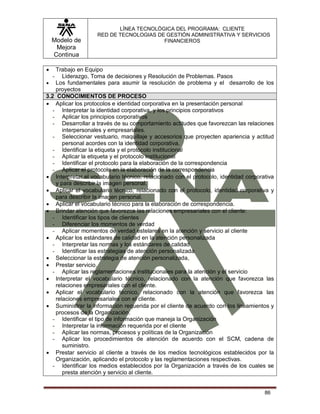 Modelo de
Mejora
Continua
LÍNEA TECNOLÓGICA DEL PROGRAMA: CLIENTE
RED DE TECNOLOGIAS DE GESTIÓN ADMINISTRATIVA Y SERVICIOS
FINANCIEROS
86
 Trabajo en Equipo
- Liderazgo, Toma de decisiones y Resolución de Problemas. Pasos
 Los fundamentales para asumir la resolución de problema y el desarrollo de los
proyectos
3.2 CONOCIMIENTOS DE PROCESO
 Aplicar los protocolos e identidad corporativa en la presentación personal
- Interpretar la identidad corporativa, y los principios corporativos
- Aplicar los principios corporativos
- Desarrollar a través de su comportamiento actitudes que favorezcan las relaciones
interpersonales y empresariales.
- Seleccionar vestuario, maquillaje y accesorios que proyecten apariencia y actitud
personal acordes con la identidad corporativa.
- Identificar la etiqueta y el protocolo institucional
- Aplicar la etiqueta y el protocolo institucional
- Identificar el protocolo para la elaboración de la correspondencia
- Aplicar el protocolo en la elaboración de la correspondencia
 Interpretar el vocabulario técnico, relacionado con el protocolo, identidad corporativa
y para describir la imagen personal.
 Aplicar el vocabulario técnico, relacionado con el protocolo, identidad corporativa y
para describir la imagen personal.
 Aplicar el vocabulario técnico para la elaboración de correspondencia.
 Brindar atención que favorezca las relaciones empresariales con el cliente:
- Identificar los tipos de clientes
- Diferenciar los momentos de verdad
- Aplicar momentos de verdad estelares en la atención y servicio al cliente
 Aplicar los estándares de calidad en la atención personalizada
- Interpretar las normas y los estándares de calidad
- Identificar las estrategias de atención personalizada
 Seleccionar la estrategia de atención personalizada,
 Prestar servicio.
- Aplicar las reglamentaciones institucionales para la atención y el servicio
 Interpretar el vocabulario técnico, relacionado con la atención que favorezca las
relaciones empresariales con el cliente.
 Aplicar el vocabulario técnico, relacionado con la atención que favorezca las
relaciones empresariales con el cliente.
 Suministrar la información requerida por el cliente de acuerdo con los lineamientos y
procesos de la Organización.
- Identificar el tipo de información que maneja la Organización
- Interpretar la información requerida por el cliente
- Aplicar las normas, procesos y políticas de la Organización
- Aplicar los procedimientos de atención de acuerdo con el SCM, cadena de
suministro.
 Prestar servicio al cliente a través de los medios tecnológicos establecidos por la
Organización, aplicando el protocolo y las reglamentaciones respectivas.
- Identificar los medios establecidos por la Organización a través de los cuales se
presta atención y servicio al cliente.
 