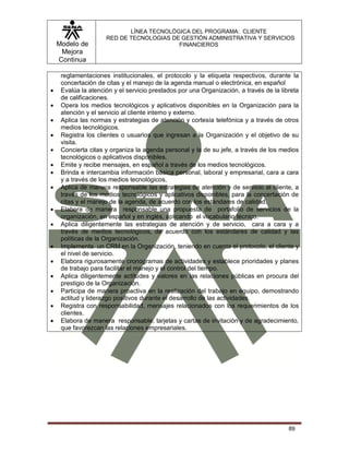 Modelo de
Mejora
Continua
LÍNEA TECNOLÓGICA DEL PROGRAMA: CLIENTE
RED DE TECNOLOGIAS DE GESTIÓN ADMINISTRATIVA Y SERVICIOS
FINANCIEROS
89
reglamentaciones institucionales, el protocolo y la etiqueta respectivos, durante la
concertación de citas y el manejo de la agenda manual o electrónica, en español
 Evalúa la atención y el servicio prestados por una Organización, a través de la libreta
de calificaciones.
 Opera los medios tecnológicos y aplicativos disponibles en la Organización para la
atención y el servicio al cliente interno y externo.
 Aplica las normas y estrategias de atención y cortesía telefónica y a través de otros
medios tecnológicos.
 Registra los clientes o usuarios que ingresan a la Organización y el objetivo de su
visita.
 Concierta citas y organiza la agenda personal y la de su jefe, a través de los medios
tecnológicos o aplicativos disponibles.
 Emite y recibe mensajes, en español a través de los medios tecnológicos.
 Brinda e intercambia información básica personal, laboral y empresarial, cara a cara
y a través de los medios tecnológicos,
 Aplica de manera responsable las estrategias de atención y de servicio al cliente, a
través de los medios tecnológicos y aplicativos disponibles, para la concertación de
citas y el manejo de la agenda, de acuerdo con los estándares de calidad.
 Elabora de manera responsable una propuesta de portafolio de servicios de la
organización, en español y en inglés, aplicando el vocabulario técnico.
 Aplica diligentemente las estrategias de atención y de servicio, cara a cara y a
través de medios tecnológicos, de acuerdo con los estándares de calidad y las
políticas de la Organización.
 Implementa un CRM en la Organización, teniendo en cuenta el protocolo, el cliente y
el nivel de servicio.
 Elabora rigurosamente cronogramas de actividades y establece prioridades y planes
de trabajo para facilitar el manejo y el control del tiempo.
 Aplica diligentemente actitudes y valores en las relaciones públicas en procura del
prestigio de la Organización.
 Participa de manera proactiva en la realización del trabajo en equipo, demostrando
actitud y liderazgo positivos durante el desarrollo de las actividades.
 Registra con responsabilidad, mensajes relacionados con los requerimientos de los
clientes.
 Elabora de manera responsable, tarjetas y cartas de invitación y de agradecimiento,
que favorezcan las relaciones empresariales.
 
