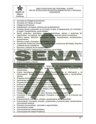 Modelo de
Mejora
Continua
LÍNEA TECNOLÓGICA DEL PROGRAMA: CLIENTE
RED DE TECNOLOGIAS DE GESTIÓN ADMINISTRATIVA Y SERVICIOS
FINANCIEROS
92
 Concepto de Inteligencia Emocional
 Concepto de Trabajo en Equipo
 Inteligencia Emocional
 Globalización: conceptos, políticas para la globalización
 Contexto Social y productivo en el mundo, el país, el departamento y/o municipio y
la región: Características, oportunidades.
 Sector productivo: Conceptos, tipos, características, actores y dinámicas de
organización, las políticas, las leyes, los planes, situación actual y prospectiva
 Entorno laboral: definición, descripción, función, características, procedimientos,
requerimientos
 Normas y Leyes: Conceptos, características, tipos,
 Constitución Política de Colombia: Características y estructura del Estado, derechos
y deberes de los ciudadanos.
 Derechos y deberes de los trabajadores
 Sistema educativo: Instituciones y relaciones con el SENA.
 SENA: Historia, políticas, elementos de identidad corporativa, normativa referente a
la formación profesional. (Normas de convivencia, reglamento de aprendices,
Contrato de aprendizaje, Fondo de la Industria de la Construcción, Apoyos de
sostenimiento, Bienestar a los Aprendices).
 Centro de Formación: Organización, estructura y funcionamiento.
 Entorno formativo y laboral.
 Actividades formativas y productivas.
 Formación Profesional para el desarrollo de competencias: Conceptos,
características, metodologías de aprendizaje, fuentes para la construcción del
conocimiento.
 Líneas tecnológicas: Conceptos, tipos (Tecnologías de la información y la
comunicación, diseño, producción y transformación, materiales y herramientas,
cliente).
 Programa de formación: Concepto, características.
 Aprendizaje autónomo: Concepto, estrategias.
 Proyecto de Formación: Concepto, tipos, fases.
 Evaluación de la formación profesional: Concepto, tipos, actores, roles e instancias.
 Proyecto de Vida: concepto, propósito y componentes.
 Aprendizajes previos: Concepto, utilidad y metodologías de identificación.
 Principios y Valores: Concepto, tipos.
 Trabajo en equipo: Conceptos, tipos, técnicas; estrategias de gestión.
 Innovación y Desarrollo tecnológico: Concepto y relaciones con la formación por
proyectos.
 Emprendimiento: Concepto, ventajas, características del emprendedor.
 Comunicación: Conceptos, proceso, componentes y funciones tipos, características,
comunicación asertiva.
 Procesos comunicativos, racionales y argumentados
 Comunicación Verbal
 Comunicación No Verbal Kinetésica
 Comunicación No Verbal Proxémica
 