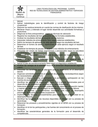 Modelo de
Mejora
Continua
LÍNEA TECNOLÓGICA DEL PROGRAMA: CLIENTE
RED DE TECNOLOGIAS DE GESTIÓN ADMINISTRATIVA Y SERVICIOS
FINANCIEROS
95
laboral.
 Aplicar metodologías para la identificación y control de factores de riesgo
ocupacional
 Disponer los residuos teniendo en cuenta las normas de clasificación de los mismos.
 Mantener limpio y ordenado el lugar donde desarrolla sus actividades formativas y
productivas
 Diligenciar la ficha antropométrica según las técnicas de valoración.
 Registrar los resultados del test de acuerdo con los formatos establecidos.
 Analizar los resultados del test de acuerdo con los baremos.
 Interpretar métodos de entrenamiento físico según sistemas establecidos.
 Definir los tiempos de aplicación de cada ejercicio según los resultados del test.
 Determinar el número de series y repeticiones de cada ejercicio según el resultado
del test.
 Establecer los tiempos de pausas de acuerdo a los métodos de entrenamiento.
 Interpretar las cargas de trabajo ergonómicas y psicosociales según la naturaleza
del desempeño laboral
 Determinar los ejercicios específicos para la prevención del riesgo ergonómico y
psicosocial.
 Seleccionar los elementos, materiales, equipos e implementos según el plan de
acondicionamiento físico.
 Aplicar el plan de acondicionamiento físico según el diagnóstico establecido.
 Analizar las ventajas de la actividad física en la dimensión Biopsicosocial según su
criterio.
 Interpretar los beneficios que se adquieren para su rendimiento en el desempeño
laboral.
 Organizar actividades orientadas al desarrollo de programas recreodeportivos según
las nececesidades de su entorno.
 Ejecutar e integrar acciones encaminadas a la promoción y participación en los
eventos de acuerdo a las políticas de bienestar.
 Identificar las técnicas de coordinación motriz fina y gruesa relacionadas para el
desarrollo de las competencias definidas en su perfil ocupacional.
 Seleccionar técnicas que le permitan potencializar su capacidad de reacción mental,
y mejorar sus destrezas motoras según la naturaleza propia de entorno laboral.
 Valorar las técnicas y procedimientos necesarios para lograr su desempeño
psicomotriz de acuerdo con el área ocupacional.
 Implementar las técnicas y procedimientos para lograr mayor productividad en su
desempeño laboral.
 Identificar las funciones de los recursos disponibles en relación con su proceso de
aprendizaje.
 Relacionar los procesos y procedimientos vigentes en el SENA con su proceso de
formación.
 Identificar el rol de los participantes y las fuentes del conocimiento en el proceso de
formación.
 Identificar las características generales de la formación para el desarrollo de
competencias.
 