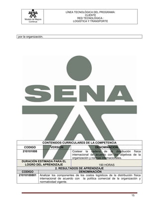 LÍNEA TECNOLÓGICA DEL PROGRAMA:
                                                   CLIENTE
     Modelo de Mejora                         RED TECNOLÓGICA :
        Continua                           LOGISTICA Y TRANSPORTE




por la organización.




                        CONTENIDOS CURRICULARES DE LA COMPETENCIA
    CODIGO                  VERSION                         DENOMINACION
   210101008                              Costear la cadena de la distribución física
                                          internacional de acuerdo con los objetivos de la
                                          organización y normas internacionales.
  DURACIÓN ESTIMADA PARA EL
    LOGRO DEL APRENDIZAJE                             190 HORAS
                        2. RESULTADOS DE APRENDIZAJE
  CODIGO                                DENOMINACIÓN
21010100801 Analizar los componentes de los costos logísticos de la distribución física
            internacional de acuerdo con la política comercial de la organización y
            normatividad vigente.



                                                                                   15
 