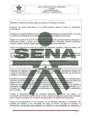 LÍNEA TECNOLÓGICA DEL PROGRAMA:
                                                   CLIENTE
     Modelo de Mejora                         RED TECNOLÓGICA :
        Continua                           LOGISTICA Y TRANSPORTE




Identificar y clasificar los costos según los procesos y unidades de negocio.

Examinar los costos generados en la cadena logística según la forma de negociación
internacional

Analizar en la cadena logística el costeo A B C y sus posibilidades de implementación, con base
en estudios comparativos de las estrategias utilizadas por las diferentes empresas.

Aplicar en la cadena de la D.F.I. tiempos de los procesos de aprovisionamiento, producción y
distribución medios y modos de transporte seleccionados, impuestos, tramites aduaneros,
seguros y fletes, incoterms según regulaciones nacionales e internacionales

Incluir en la estructura de costos de la cadena las diferentes monedas y tasas de cambio y las
regulaciones aduaneras a nivel nacional e internacional,

Definir el comportamiento de los sistemas financieros y monetarios, la devaluación y revaluación
de la moneda nacional frente a las extranjeras, de acuerdo al movimiento del mercado
internacional a corto, mediano y largo plazo

Analizar los mercados financieros según objetivos y estrategias de negociación

Evaluar los instrumentos y formas de pago internacional según los objetivos de la negociación

                                   4. CRITERIOS DE EVALUACION
Interpreta los objetivos, las estrategias y formas de negociación internacional teniendo en
cuenta el movimiento de divisas a mediano y largo plazo y el comportamiento del mercado de
capitales y sus factores de riesgo.

Identifica los componentes de los costos logísticos por unidades de negocio, el comportamiento
financiero de las tasas de cambio e interés, impuestos, tramites aduaneros, seguros y fletes que
afectan la D.F.I en la cadena logística, de acuerdo con los criterios de la organización.
Define los costos de la Distribución Física Internacional, mediante la aplicación de métodos y
estrategias acordes con las operaciones logísticas de la empresa y su competitividad en el
mercado, de acuerdo con las políticas empresariales y los indicadores de gestión establecidos
por la entidad.

Verifica el comportamiento de los mercados financieros, monetarios, sus índices y el
movimiento del mercado internacional en el corto, mediano y largo plazo, para tomar decisiones
de un negocio de acuerdo con los planes de negociación y los objetivos de la empresa.

Evalúa el comportamiento de los procesos de los sistemas financieros y monetarios, las
políticas del gobierno y las comerciales, las tasas de cambio, los tipos de monedas, la
devaluación y revaluación, para establecer su incidencia en las actividades de importación y


                                                                                        17
 