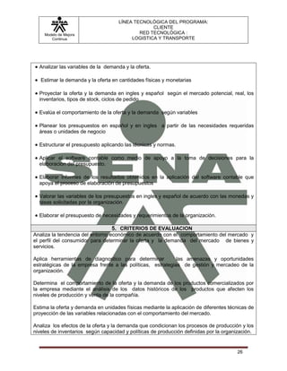 LÍNEA TECNOLÓGICA DEL PROGRAMA:
                                                  CLIENTE
    Modelo de Mejora                         RED TECNOLÓGICA :
       Continua                           LOGISTICA Y TRANSPORTE




  Analizar las variables de la demanda y la oferta.

   Estimar la demanda y la oferta en cantidades físicas y monetarias

  Proyectar la oferta y la demanda en ingles y español según el mercado potencial, real, los
  inventarios, tipos de stock, ciclos de pedido

  Evalúa el comportamiento de la oferta y la demanda según variables

  Planear los presupuestos en español y en ingles a partir de las necesidades requeridas
  áreas o unidades de negocio

  Estructurar el presupuesto aplicando las técnicas y normas.

  Aplicar el software contable como medio de apoyo a la toma de decisiones para la
  elaboración del presupuesto.

  Elaborar informes de los resultados obtenidos en la aplicación del software contable que
  apoya el proceso de elaboración de presupuestos

  Valorar las variables de los presupuestos en ingles y español de acuerdo con las monedas y
  tasas solicitadas por la organización.

  Elaborar el presupuesto de necesidades y requerimientos de la organización.

                                 5. CRITERIOS DE EVALUACION
Analiza la tendencia del entorno económico de acuerdo con el comportamiento del mercado y
el perfil del consumidor para determinar la oferta y la demanda del mercado de bienes y
servicios.

Aplica herramientas de diagnostico para determinar           las amenazas y oportunidades
estratégicas de la empresa frente a las políticas, estrategias de gestión y mercadeo de la
organización.

Determina el comportamiento de la oferta y la demanda de los productos comercializados por
la empresa mediante el análisis de los datos históricos de los productos que afecten los
niveles de producción y venta de la compañía.

Estima la oferta y demanda en unidades físicas mediante la aplicación de diferentes técnicas de
proyección de las variables relacionadas con el comportamiento del mercado.

Analiza los efectos de la oferta y la demanda que condicionan los procesos de producción y los
niveles de inventarios según capacidad y políticas de producción definidas por la organización.


                                                                                        26
 