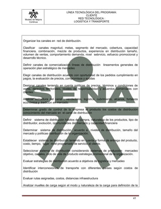 LÍNEA TECNOLÓGICA DEL PROGRAMA:
                                               CLIENTE
 Modelo de Mejora                         RED TECNOLÓGICA :
    Continua                           LOGISTICA Y TRANSPORTE




Organizar los canales en red de distribución.

Clasificar canales magnitud, metas, segmento del mercado, cobertura, capacidad
financiera, combinación, mezcla de productos, experiencia en distribución tamaño,
volumen de ventas, comportamiento demanda, nivel sebrvicio, esfuerzo promocional y
desarrollo técnico.

Definir canales de comercialización líneas de distribución lineamentos generales de
operación plan estratégico de mercadeo

Elegir canales de distribución acuerdo con oportunidad de los pedidos cumplimiento en
pagos, la evaluación de precios, compromisos y ayudas

Designar canales teniendo en cuenta políticas de precios, términos y condiciones de
venta, derechos territoriales, niveles de responsabilidad y acuerdos comerciales con
clientes.

Analizar estructura del canal , vendedores, logística, cubrimiento, alcance, fortaleza
económica y tradición en mercado.

Determinar grado de control de la empresa el producto los costos de distribución
conocimiento del mercado en el canal de distribución

Definir sistema de distribución hábitos de compra, naturaleza de los productos, tipo de
distribuidor, evolución, oportunidades del mercado y capacidad financiera

Determinar sistema de distribución acuerdo a niveles de distribución, tamaño del
mercado y políticas distribución de la organización.

Establecer sistema de distribución teniendo en cuenta a forma de entrega del producto,
costo, tiempo, lugar nivel programado de servicio al cliente.

Seleccionar sistema de distribución considerando sistemas de producción mercadeo
objetivo, canales, ciclo de vida de producto estrategia promocional de la organización.

Evaluar estrategias de distribución acuerdo a objetivos de logística y mercadeo

Identificar interconexiones de transporte con diferentes países según costos de
distribución

Evaluar rutas asignadas, costos, distancias infraestructura

Analizar muelles de carga según el modo y naturaleza de la carga para definición de la



                                                                                   41
 