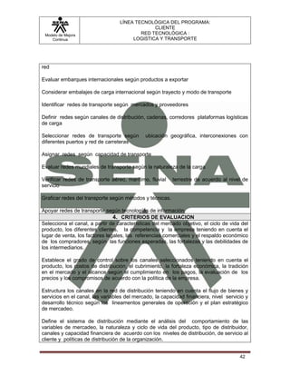 LÍNEA TECNOLÓGICA DEL PROGRAMA:
                                               CLIENTE
 Modelo de Mejora                         RED TECNOLÓGICA :
    Continua                           LOGISTICA Y TRANSPORTE




red

Evaluar embarques internacionales según productos a exportar

Considerar embalajes de carga internacional según trayecto y modo de transporte

Identificar redes de transporte según mercados y proveedores

Definir redes según canales de distribución, cadenas, corredores plataformas logísticas
de carga

Seleccionar redes de transporte según        ubicación geográfica, interconexiones con
diferentes puertos y red de carreteras

Asignar redes según capacidad de transporte

Evaluar redes mundiales de transporte según la naturaleza de la carga

Verificar redes de transporte aéreo, marítimo, fluvial    terrestre de acuerdo al nivel de
servicio

Graficar redes del transporte según métodos y técnicas.

Apoyar redes de transporte según tecnologías de información
                                4. CRITERIOS DE EVALUACION
Selecciona el canal, a partir de características del mercado objetivo, el ciclo de vida del
producto, los diferentes clientes, la competencia y la empresa teniendo en cuenta el
lugar de venta, los factores legales, las referencias comerciales y el respaldo económico
de los compradores, según las funciones esperadas, las fortalezas y las debilidades de
los intermediarios.

Establece el grado de control sobre los canales seleccionados teniendo en cuenta el
producto, los costos de distribución, el cubrimiento, la fortaleza económica, la tradición
en el mercado y el alcance según el cumplimiento en los pagos, la evaluación de los
precios y los compromisos de acuerdo con la política de la empresa.

Estructura los canales en la red de distribución teniendo en cuenta el flujo de bienes y
servicios en el canal, las variables del mercado, la capacidad financiera, nivel servicio y
desarrollo técnico según los lineamentos generales de operación y el plan estratégico
de mercadeo.

Define el sistema de distribución mediante el análisis del comportamiento de las
variables de mercadeo, la naturaleza y ciclo de vida del producto, tipo de distribuidor,
canales y capacidad financiera de acuerdo con los niveles de distribución, de servicio al
cliente y políticas de distribución de la organización.


                                                                                       42
 