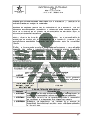 LÍNEA TECNOLÓGICA DEL PROGRAMA:
                                              CLIENTE
 Modelo de Mejora                        RED TECNOLÓGICA :
    Continua                          LOGISTICA Y TRANSPORTE




exigidos por los entes estatales relacionados con la acreditación y certificación de
calidad de la mercancía objeto de importación.

Identifica los requisitos previos para la nacionalización de la mercancía una vez
clasificada arancelariamente considerando la consecución de los permisos, registros y
tipos de documentos en un proceso de nacionalización de mercancías según la
normatividad nacional e internacional.

Alista y diligencia los tipos de documentos requeridos  en la nacionalización de
mercancías de acuerdo con la intencionalidad de la transacción comercial y los
procedimientos establecidos legalmente para su ejecución según la normatividad
vigente.

Evalúa la documentación soporte de la recepción del embarque y nacionalización
requerida para realizar el respectivo levante de la mercancía teniendo en cuenta la
ubicación donde la mercancía ha de ser retirada una vez nacionalizada.

Desarrolla las actividades relacionadas con la exportación de las mercancías de
acuerdo con las características y los documentos que la amparan cumpliendo con los
trámites documentales ante las instancias respectivas y las condiciones establecidas en
la normatividad nacional.

Efectúa las exportaciones de las mercancías mediante la selección de los oferentes de
servicios de apoyo logísticos para la exportación de la mercancía de acuerdo con sus
modalidades y los procedimientos aduaneros.

             CONTENIDOS CURRICULARES DE LA COMPETENCIA
   CODIGO       VERSION                         DENOMINACION
  210101040                  Establecer el seguimiento y rastreo de los productos
                             según la cadena de suministro y normas nacionales e
                             internacionales.
   DURACIÓN ESTIMADA
   PARA EL LOGRO DEL                                70 HORAS
      APRENDIZAJE
                      2. RESULTADOS DE APRENDIZAJE
   CODIGO                                 DENOMINACIÓN
 21010104001   Documentar los procesos y registros teniendo en cuenta el ámbito de
               aplicación del sistema y las normas nacionales e internacionales.
 21010104002   Caracterizar los productos de acuerdo al flujo físico y los requisitos
               de trazabilidad y la elaboración de la lista del plan maestro.
 21010104003   Establecer los mecanismos         de medición de un proceso de
               trazabilidad de productos y/o servicios según estándares nacionales
               e internacionales.




                                                                                   54
 