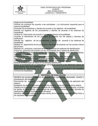 LÍNEA TECNOLÓGICA DEL PROGRAMA:
                                               CLIENTE
 Modelo de Mejora                         RED TECNOLÓGICA :
    Continua                           LOGISTICA Y TRANSPORTE




objetivos de trazabilidad.
Verificar los procesos de acuerdo a las actividades y la información requerida para el
sistema trazabilidad
Consultar los proveedores y clientes de acuerdo a los objetivos de trazabilidad
Solicitar los registros de los proveedores y clientes de acuerda a los sistemas de
trazabilidad.
Verificar la información de acuerdo a los requerimientos de trazabilidad
Levantar la información de los procesos de acuerdo con las etapas y técnicas de
verificación
Solicitar los registros de los proveedores y clientes de acuerdo a los sistemas de
trazabilidad
Realizar el seguimiento de los productos y servicios de acuerdo con los puntos críticos
del proceso
Rastrear los productos y servicios teniendo en cuenta los sistemas de identificación
Trazar los productos de acuerdo con las necesidades de la cadena de distribución.
Establecer los mecanismo de control de acuerdo a los vínculos entre los proveedores,
distribuidores y clientes
Monitorear los lotes de producción y cada unidad según puntos de control.
Registrar los números de identificación de los productos en el sistema.
Graficar el recorrido de Los productos y/o servicios a través de flujos
Realizar la transmisión de datos en los tiempos establecidos
Seguir el movimiento de un producto y o servicio de acuerdo a las diferentes etapas de
los procesos y tipos de trazabilidad.
Determinar el seguimiento de los productos y servicios de acuerdo a los requisitos
mínimos de trazabilidad

                                  4. CRITERIOS DE EVALUACION
Identifica los procesos y registros de acuerdo a las operaciones efectuadas, revisión y
actualización del sistema.
Documentar los procesos y registros teniendo en cuenta el ámbito de aplicación del
sistema.
Establecer los plazos de conservación de los registros entre los actores de la cadena.
Clasifica los productos aplicando técnicas de caracterización de los productos, el grupo
de familia, la ficha técnica, la tecnología de proceso e información según técnicas de
clasificación, lotes, y el estado de los procesos.
Identifica los puntos críticos del proceso dentro de la cadena de acuerdo al flujo físico y
los requisitos de trazabilidad




                                                                                       57
 