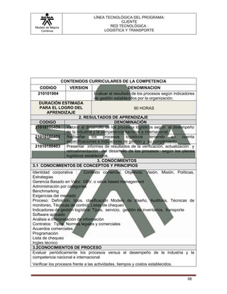 LÍNEA TECNOLÓGICA DEL PROGRAMA:
                                               CLIENTE
 Modelo de Mejora                         RED TECNOLÓGICA :
    Continua                           LOGISTICA Y TRANSPORTE




                    CONTENIDOS CURRICULARES DE LA COMPETENCIA
    CODIGO             VERSION                       DENOMINACION
   210101004                      Evaluar el resultado de los procesos según indicadores
                                  de gestión establecidos por la organización.
   DURACIÓN ESTIMADA
    PARA EL LOGRO DEL                                90 HORAS
       APRENDIZAJE
                       2. RESULTADOS DE APRENDIZAJE
   CODIGO                                 DENOMINACIÓN
 21010100401   Valorar el desarrollo de los procesos logísticos según el desempeño
               de la industria y la competencia nacional e internacional.
 21010100402   Rediseñar      los    procesos   logísticos    teniendo    en cuenta
               especificaciones e indicadores de gestión y su cumplimiento.
 21010100403   Presentar informes de resultados de la verificación, actualización y
               retroalimentación del desarrollo de los procesos según los planes
               logísticos establecidos.
                                  3. CONOCIMIENTOS
3.1 CONOCIMIENTOS DE CONCEPTOS Y PRINCIPIOS
Identidad corporativa :       Contexto comercial, Objetivos, Visión, Misión, Políticas,
Estrategias
Gerencia Basado en Valor. GBV. o value based management
Administración por categorías
Benchmarking
Exigencias del mercado
Proceso: Definición, tipos, clasificación Modelo de diseño, Auditoria, Técnicas de
monitoreo, Técnicas de control, Listas de chequeo
Indicadores de gestión logística: Tipos, servicio, gestión de inventarios, transporte
Software aplicado
Análisis e interpretación de información
Contratos: Tipos, Normas legales y comerciales
Acuerdos comerciales
Programación
Lista de chequeo
Ingles técnico
3.2CONOCIMIENTOS DE PROCESO
Evaluar periódicamente los procesos versus el desempeño de la industria y la
competencia nacional e internacional
Verificar los procesos frente a las actividades, tiempos y costos establecidos.


                                                                                    66
 