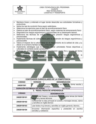 LÍNEA TECNOLÓGICA DEL PROGRAMA:
                                               CLIENTE
Modelo de Mejora                          RED TECNOLÓGICA :
   Continua                            LOGISTICA Y TRANSPORTE




  Mantiene limpio y ordenado el lugar donde desarrolla sus actividades formativas y
  productivas.
  Aplica los test de condición física según estándares.
  Selecciona los ejercicios para el plan de acondicionamiento físico
  Elabora el plan de acondicionamiento físico, según sistemas de entrenamiento físico
  Diagnóstica los riesgos ergonómicos y psicosociales de su desempeño laboral.
  Selecciona las técnicas de cultura física para prevenir riesgos ergonómicos y
  psicosociales.
  Implementa técnicas de cultura física para la prevención de riesgos ergonómicos y
  psicosociales
  Valora el impacto de la cultura física en el mejoramiento de la calidad de vida y su
  efecto en el entorno familiar social y productivo.
  Implementa estrategias que le permitan liderar actividades físicas deportivas y
  culturales en contexto social y productivo.
  Participa en actividades que requieren coordinación motriz fina y gruesa de forma
  individual y grupal.
  Aplica técnicas y procedimientos orientados al perfeccionamiento de la
  psicomotricidad frente a los requerimientos de su desempeño laboral.




                   CONTENIDOS CURRICULARES DE LA COMPETENCIA
     CODIGO               VERSION         DENOMINACION
                            Comprender textos en inglés en forma escrita y
   240201501         1
                            auditiva
  DURACIÓN ESTIMADA EN HORAS                    180 Horas
                 2. RESULTADOS DE APRENDIZAJE
     CÓDIGO                                      DENOMINACIÓN
                        Comprender frases y vocabulario habitual sobre temas de interés
  24020150101
                        personal y temas técnicos.
                        Comprender la idea principal en avisos y mensajes breves, claros
  24020150102
                        y sencillos en inglés técnico
  24020150103           Leer textos muy breves y sencillos en inglés general y técnico..
                        Encontrar información específica y predecible en escritos
  24020150104
                        sencillos y cotidianos


                                                                                      76
 