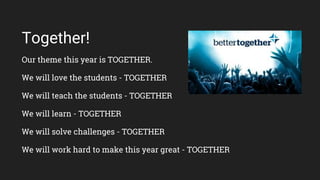 Together!
Our theme this year is TOGETHER.
We will love the students - TOGETHER
We will teach the students - TOGETHER
We will learn - TOGETHER
We will solve challenges - TOGETHER
We will work hard to make this year great - TOGETHER
 