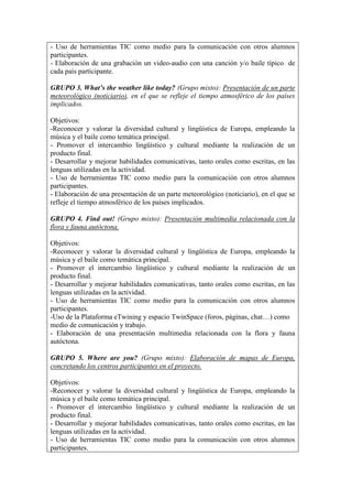 - Uso de herramientas TIC como medio para la comunicación con otros alumnos
participantes.
- Elaboración de una grabación un video-audio con una canción y/o baile típico de
cada país participante.
GRUPO 3. What’s the weather like today? (Grupo mixto): Presentación de un parte
meteorológico (noticiario), en el que se refleje el tiempo atmosférico de los países
implicados.
Objetivos:
-Reconocer y valorar la diversidad cultural y lingüística de Europa, empleando la
música y el baile como temática principal.
- Promover el intercambio lingüístico y cultural mediante la realización de un
producto final.
- Desarrollar y mejorar habilidades comunicativas, tanto orales como escritas, en las
lenguas utilizadas en la actividad.
- Uso de herramientas TIC como medio para la comunicación con otros alumnos
participantes.
- Elaboración de una presentación de un parte meteorológico (noticiario), en el que se
refleje el tiempo atmosférico de los países implicados.
GRUPO 4. Find out! (Grupo mixto): Presentación multimedia relacionada con la
flora y fauna autóctona.
Objetivos:
-Reconocer y valorar la diversidad cultural y lingüística de Europa, empleando la
música y el baile como temática principal.
- Promover el intercambio lingüístico y cultural mediante la realización de un
producto final.
- Desarrollar y mejorar habilidades comunicativas, tanto orales como escritas, en las
lenguas utilizadas en la actividad.
- Uso de herramientas TIC como medio para la comunicación con otros alumnos
participantes.
-Uso de la Plataforma eTwining y espacio TwinSpace (foros, páginas, chat…) como
medio de comunicación y trabajo.
- Elaboración de una presentación multimedia relacionada con la flora y fauna
autóctona.
GRUPO 5. Where are you? (Grupo mixto): Elaboración de mapas de Europa,
concretando los centros participantes en el proyecto.
Objetivos:
-Reconocer y valorar la diversidad cultural y lingüística de Europa, empleando la
música y el baile como temática principal.
- Promover el intercambio lingüístico y cultural mediante la realización de un
producto final.
- Desarrollar y mejorar habilidades comunicativas, tanto orales como escritas, en las
lenguas utilizadas en la actividad.
- Uso de herramientas TIC como medio para la comunicación con otros alumnos
participantes.
 
