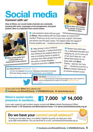 C ‘Just wanted to share with you guys
(at Shine), Maya walking with her Kaye walker at 2 years and 7
months!! Thank you all so much for your love, support, information
and advice over the past 3 years. You helped make this happen!!!
Forever grateful xxx’ – Facebook post from a Shine member.
C ‘After joining in (one of Robin’s
Google Hangouts), I realised that there
was nothing to be sceptical about as it
was an amazing chance to speak to
and hear from other people living with
the same or similar disability.’ –
Facebook post from a Shine member.
C ‘Broken toes didn't stop
me, a dislocated shoulder isn't
stopping me, so I'm sure a bit
of rain won't stop me. I will
defeat total warrior for my
baby India and Shine
Charity – sponsor me if you
can.’ – Facebook post from a
Shine fundraiser training for
an extreme assault course.
Social mediaConnect with us!
Here at Shine, our social media channels are constantly
buzzing with news, messages of encouragement, and great
photos. Here is a selection from recent weeks:
Do we have your correct email address?
To bring you the latest news, or to deliver Together by email, we need your most
up-to-date email address. You can send this to us at E: serviceshq@shinecharity.org.uk
If you need support to get involved, please connect with Shine’s Media Development Officer
Darren Fower on W: facebook.com/Shine.Darren.Fower or E: darren.fower@shinecharity.org.uk
C facebook.com/ShineUKCharity @SHINEUKCharity 5
7,000 14,000
Benny Bear and a youngShine member fundraise by
POUTING for Shine
Shine young adults learn
cooking skills at our
Independent Living weekend
Shine’s social media
presence in numbers...
To be a part of the Shine story, please visit:
facebook.com/ShineUKCharity @SHINEUKCharity W: shinecharity.org.uk
 