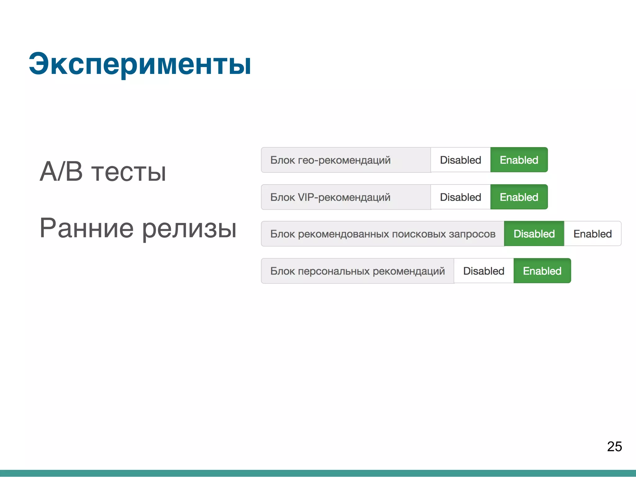 Эксперименты
A/B тесты
Ранние релизы
25
 