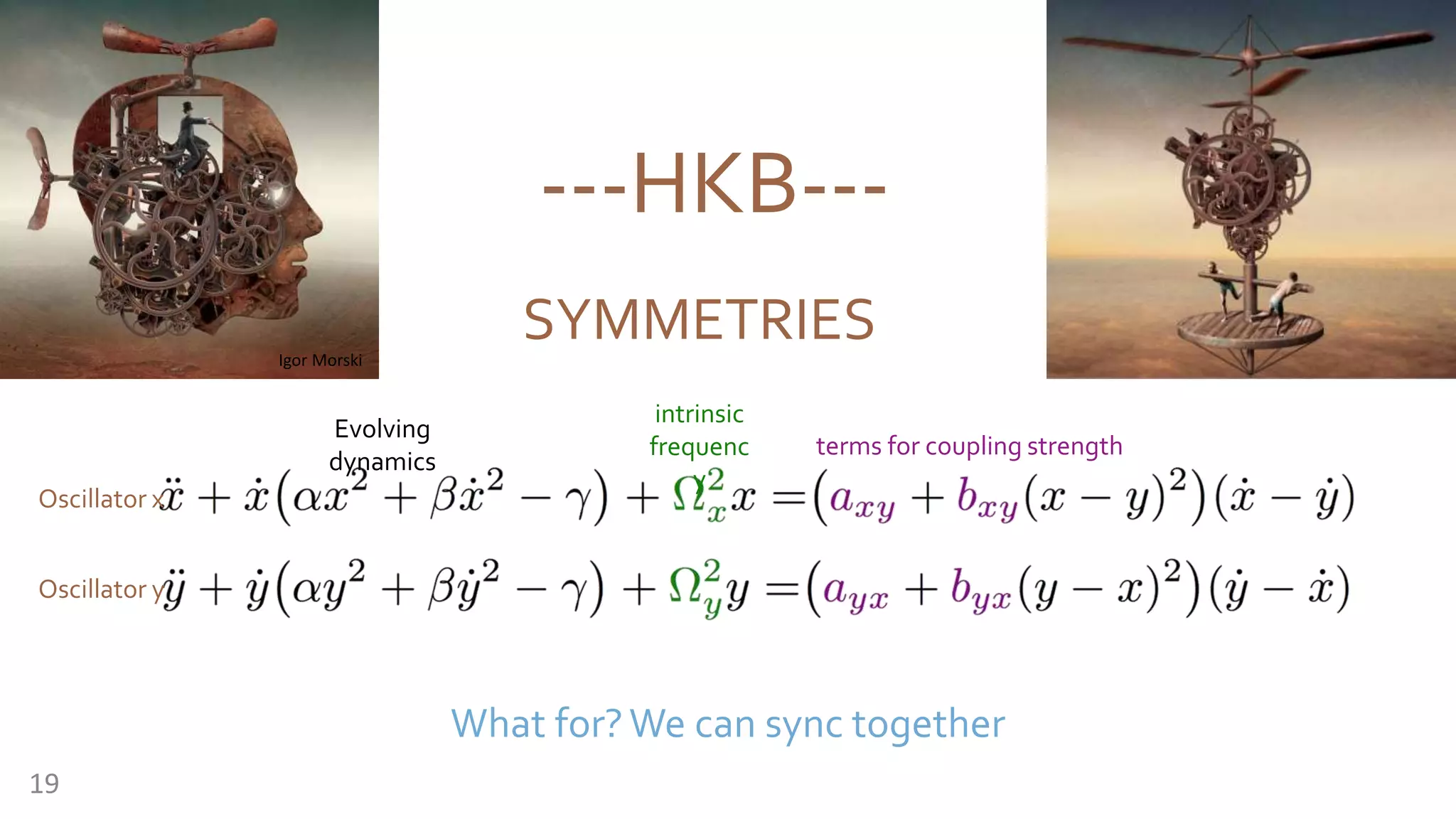 ---HKB---
Igor Morski
SYMMETRIES
Oscillator x
Oscillator y
intrinsic
frequenc
y
terms for coupling strength
19
Evolving
dynamics
What for?We can sync together
 