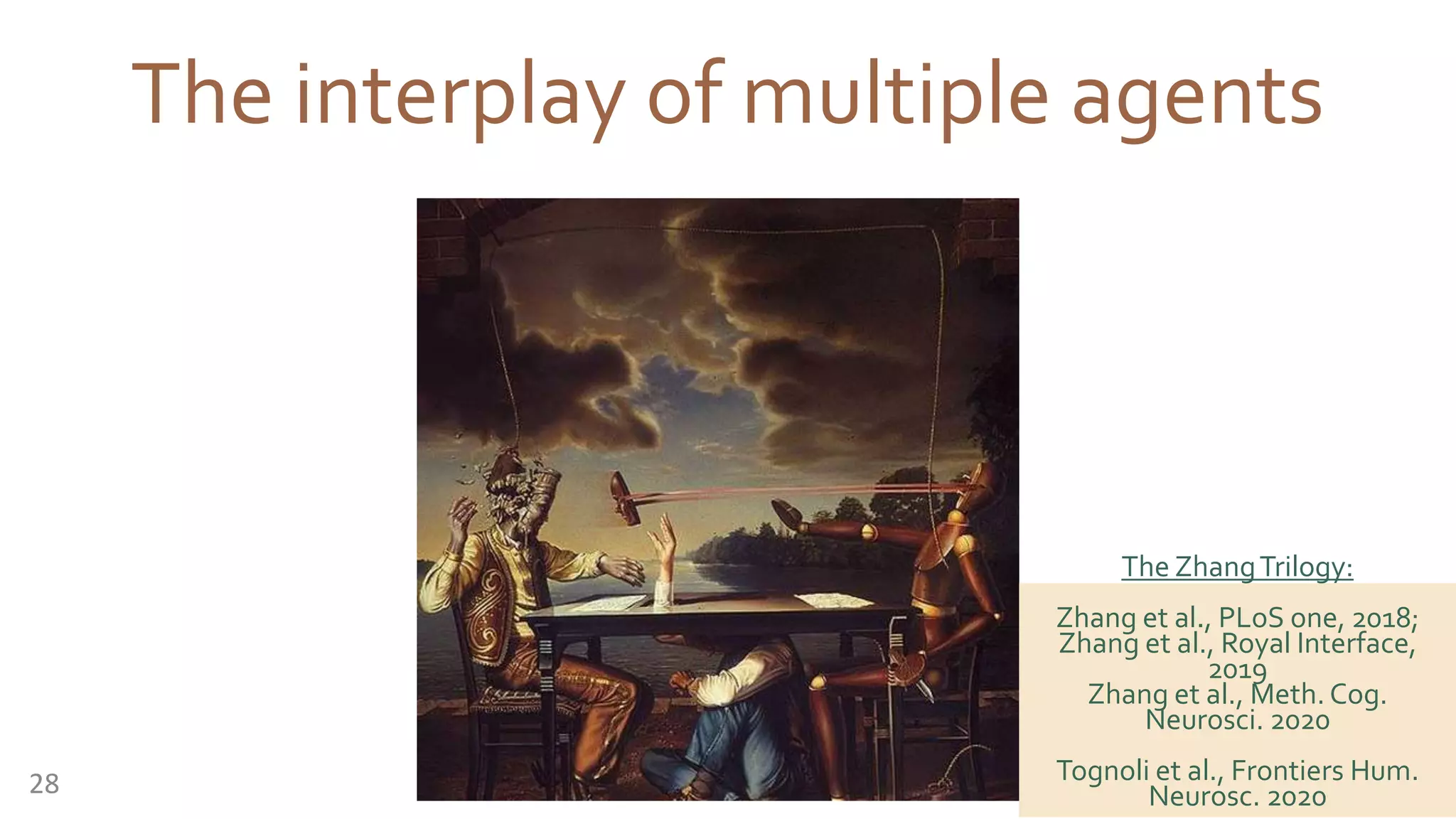 The interplay of multiple agents
The ZhangTrilogy:
Zhang et al., PLoS one, 2018;
Zhang et al., Royal Interface,
2019
Zhang et al., Meth. Cog.
Neurosci. 2020
Tognoli et al., Frontiers Hum.
Neurosc. 202028
 