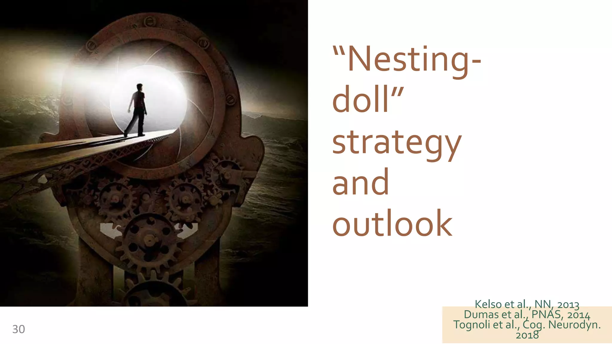 “Nesting-
doll”
strategy
and
outlook
30
Kelso et al., NN, 2013
Dumas et al., PNAS, 2014
Tognoli et al., Cog. Neurodyn.
2018
 