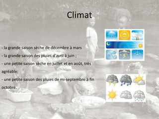 Climat


- la grande saison sèche de décembre à mars
- la grande saison des pluies d'avril à juin ;
- une petite saison sèche en juillet et en août, très
agréable;
- une petite saison des pluies de mi-septembre à fin
octobre.
 