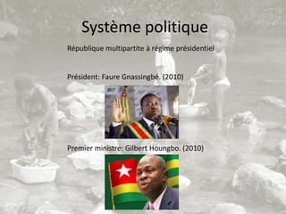 Système politique
République multipartite à régime présidentiel


Président: Faure Gnassingbé. (2010)




Premier ministre: Gilbert Houngbo. (2010)
 