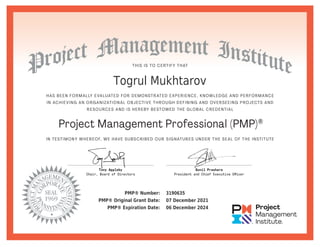 Togrul Mukhtarov
PMP® Number: 3190635
PMP® Original Grant Date: 07 December 2021
PMP® Expiration Date: 06 December 2024
 