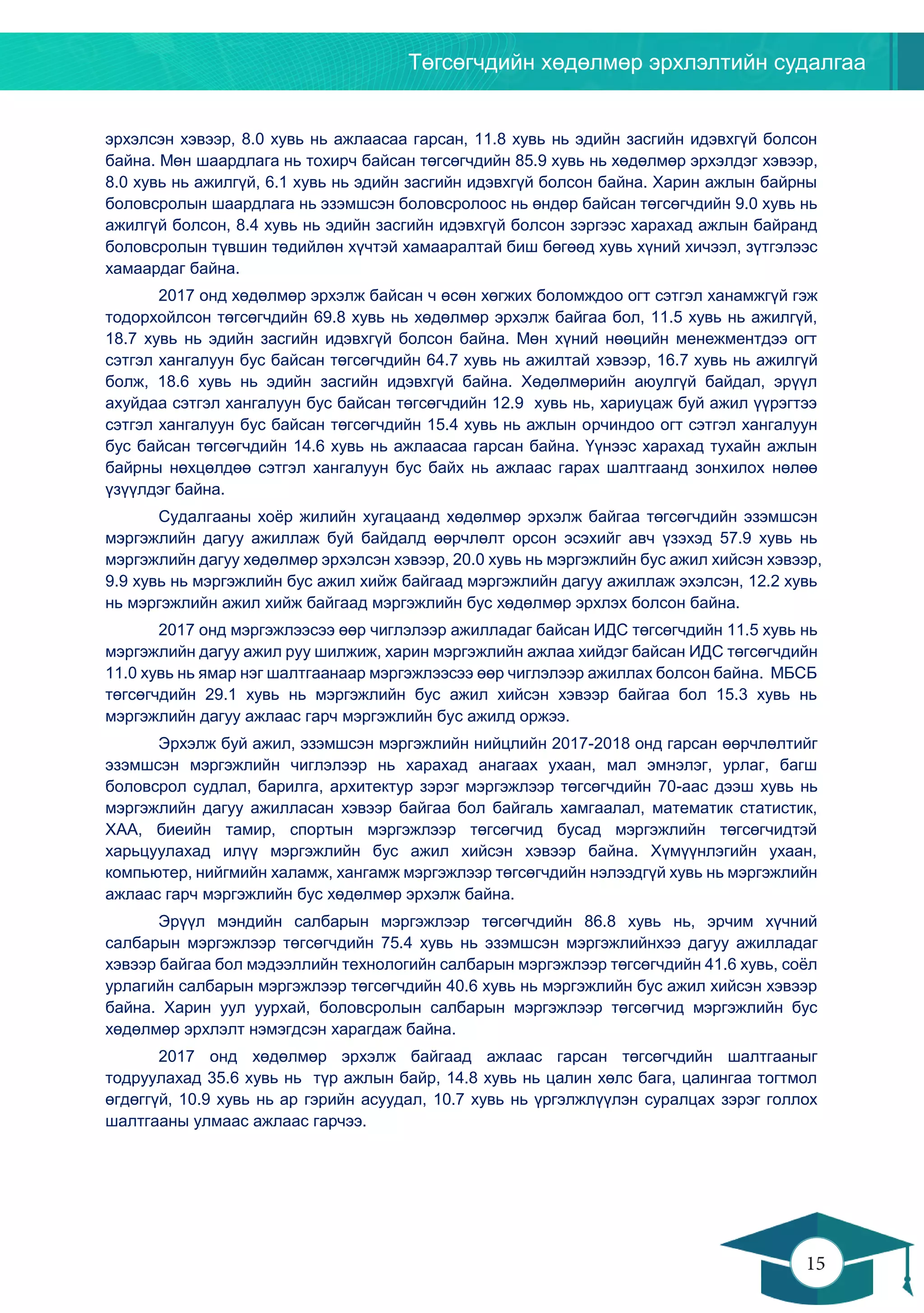 Төгсөгчдийн хөдөлмөр эрхлэлтийн судалгаа
15
14
эрхэлсэн хэвээр, 8.0 хувь нь ажлаасаа гарсан, 11.8 хувь нь эдийн засгийн идэвхгүй болсон
байна. Мөн шаардлага нь тохирч байсан төгсөгчдийн 85.9 хувь нь хөдөлмөр эрхэлдэг хэвээр,
8.0 хувь нь ажилгүй, 6.1 хувь нь эдийн засгийн идэвхгүй болсон байна. Харин ажлын байрны
боловсролын шаардлага нь эзэмшсэн боловсролоос нь өндөр байсан төгсөгчдийн 9.0 хувь нь
ажилгүй болсон, 8.4 хувь нь эдийн засгийн идэвхгүй болсон зэргээс харахад ажлын байранд
боловсролын түвшин төдийлөн хүчтэй хамааралтай биш бөгөөд хувь хүний хичээл, зүтгэлээс
хамаардаг байна.
2017 онд хөдөлмөр эрхэлж байсан ч өсөн хөгжих боломждоо огт сэтгэл ханамжгүй гэж
тодорхойлсон төгсөгчдийн 69.8 хувь нь хөдөлмөр эрхэлж байгаа бол, 11.5 хувь нь ажилгүй,
18.7 хувь нь эдийн засгийн идэвхгүй болсон байна. Мөн хүний нөөцийн менежментдээ огт
сэтгэл хангалуун бус байсан төгсөгчдийн 64.7 хувь нь ажилтай хэвээр, 16.7 хувь нь ажилгүй
болж, 18.6 хувь нь эдийн засгийн идэвхгүй байна. Хөдөлмөрийн аюулгүй байдал, эрүүл
ахуйдаа сэтгэл хангалуун бус байсан төгсөгчдийн 12.9 хувь нь, хариуцаж буй ажил үүрэгтээ
сэтгэл хангалуун бус байсан төгсөгчдийн 15.4 хувь нь ажлын орчиндоо огт сэтгэл хангалуун
бус байсан төгсөгчдийн 14.6 хувь нь ажлаасаа гарсан байна. Үүнээс харахад тухайн ажлын
байрны нөхцөлдөө сэтгэл хангалуун бус байх нь ажлаас гарах шалтгаанд зонхилох нөлөө
үзүүлдэг байна.
Судалгааны хоёр жилийн хугацаанд хөдөлмөр эрхэлж байгаа төгсөгчдийн эзэмшсэн
мэргэжлийн дагуу ажиллаж буй байдалд өөрчлөлт орсон эсэхийг авч үзэхэд 57.9 хувь нь
мэргэжлийн дагуу хөдөлмөр эрхэлсэн хэвээр, 20.0 хувь нь мэргэжлийн бус ажил хийсэн хэвээр,
9.9 хувь нь мэргэжлийн бус ажил хийж байгаад мэргэжлийн дагуу ажиллаж эхэлсэн, 12.2 хувь
нь мэргэжлийн ажил хийж байгаад мэргэжлийн бус хөдөлмөр эрхлэх болсон байна.
2017 онд мэргэжлээсээ өөр чиглэлээр ажилладаг байсан ИДС төгсөгчдийн 11.5 хувь нь
мэргэжлийн дагуу ажил руу шилжиж, харин мэргэжлийн ажлаа хийдэг байсан ИДС төгсөгчдийн
11.0 хувь нь ямар нэг шалтгаанаар мэргэжлээсээ өөр чиглэлээр ажиллах болсон байна. МБСБ
төгсөгчдийн 29.1 хувь нь мэргэжлийн бус ажил хийсэн хэвээр байгаа бол 15.3 хувь нь
мэргэжлийн дагуу ажлаас гарч мэргэжлийн бус ажилд оржээ.
Эрхэлж буй ажил, эзэмшсэн мэргэжлийн нийцлийн 2017-2018 онд гарсан өөрчлөлтийг
эзэмшсэн мэргэжлийн чиглэлээр нь харахад анагаах ухаан, мал эмнэлэг, урлаг, багш
боловсрол судлал, барилга, архитектур зэрэг мэргэжлээр төгсөгчдийн 70-аас дээш хувь нь
мэргэжлийн дагуу ажилласан хэвээр байгаа бол байгаль хамгаалал, математик статистик,
ХАА, биеийн тамир, спортын мэргэжлээр төгсөгчид бусад мэргэжлийн төгсөгчидтэй
харьцуулахад илүү мэргэжлийн бус ажил хийсэн хэвээр байна. Хүмүүнлэгийн ухаан,
компьютер, нийгмийн халамж, хангамж мэргэжлээр төгсөгчдийн нэлээдгүй хувь нь мэргэжлийн
ажлаас гарч мэргэжлийн бус хөдөлмөр эрхэлж байна.
Эрүүл мэндийн салбарын мэргэжлээр төгсөгчдийн 86.8 хувь нь, эрчим хүчний
салбарын мэргэжлээр төгсөгчдийн 75.4 хувь нь эзэмшсэн мэргэжлийнхээ дагуу ажилладаг
хэвээр байгаа бол мэдээллийн технологийн салбарын мэргэжлээр төгсөгчдийн 41.6 хувь, соёл
урлагийн салбарын мэргэжлээр төгсөгчдийн 40.6 хувь нь мэргэжлийн бус ажил хийсэн хэвээр
байна. Харин уул уурхай, боловсролын салбарын мэргэжлээр төгсөгчид мэргэжлийн бус
хөдөлмөр эрхлэлт нэмэгдсэн харагдаж байна.
2017 онд хөдөлмөр эрхэлж байгаад ажлаас гарсан төгсөгчдийн шалтгааныг
тодруулахад 35.6 хувь нь түр ажлын байр, 14.8 хувь нь цалин хөлс бага, цалингаа тогтмол
өгдөггүй, 10.9 хувь нь ар гэрийн асуудал, 10.7 хувь нь үргэлжлүүлэн суралцах зэрэг голлох
шалтгааны улмаас ажлаас гарчээ.
 