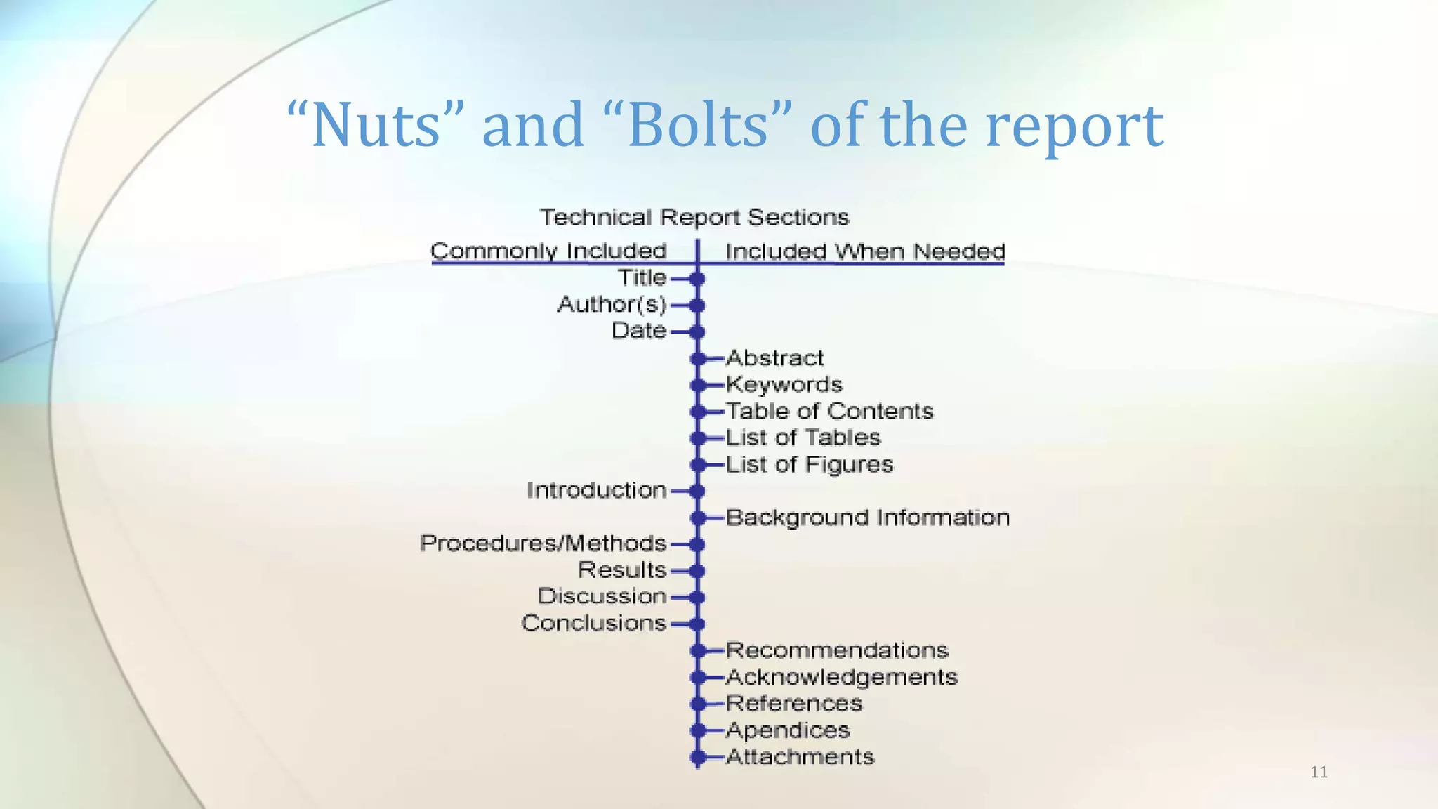 “Nuts” and “Bolts” of the report
11
 