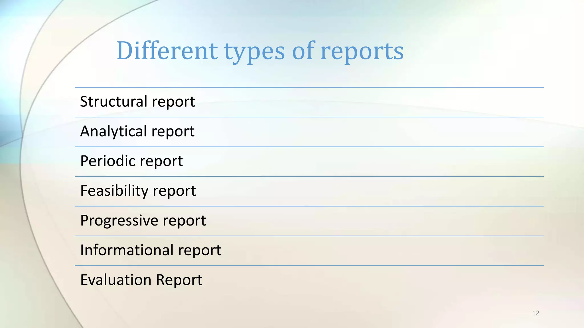 12
Structural report
Analytical report
Periodic report
Feasibility report
Progressive report
Informational report
Evaluation Report
Different types of reports
 