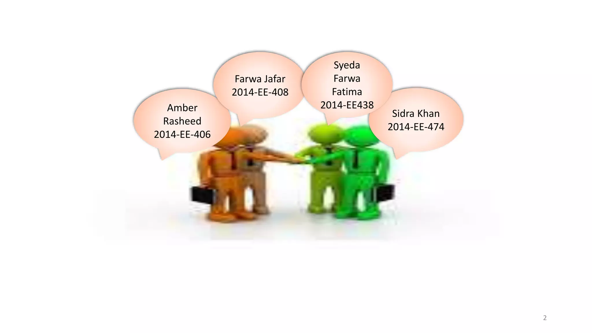 • Click to edit Master text styles
• Second level
• Third level
• Fourth level
• Fifth level
Title and Content Layout with List
Sidra Khan
2014-EE-474
Amber
Rasheed
2014-EE-406
Farwa Jafar
2014-EE-408
Syeda
Farwa
Fatima
2014-EE438
2
 