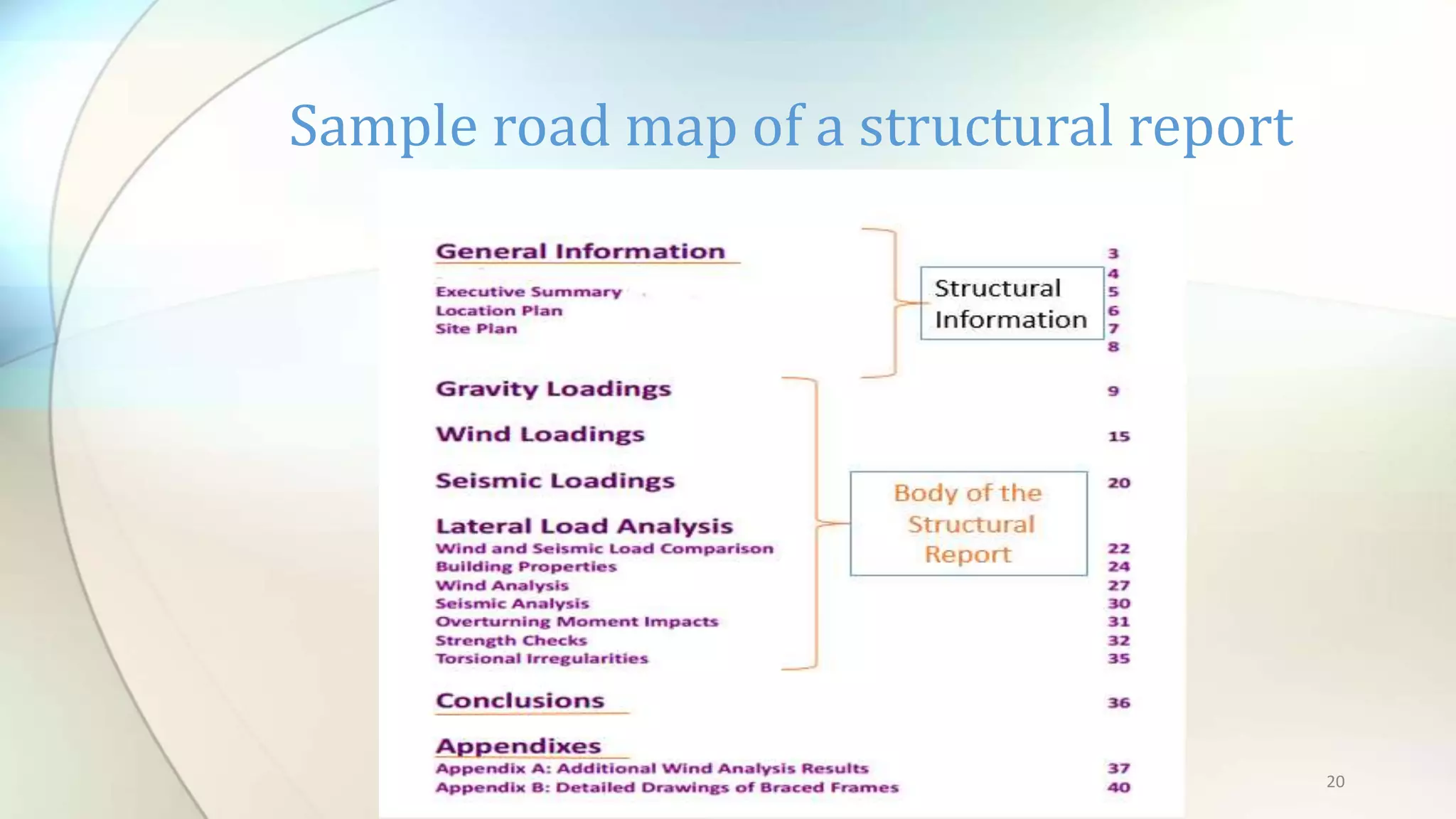 20
Sample road map of a structural report
 