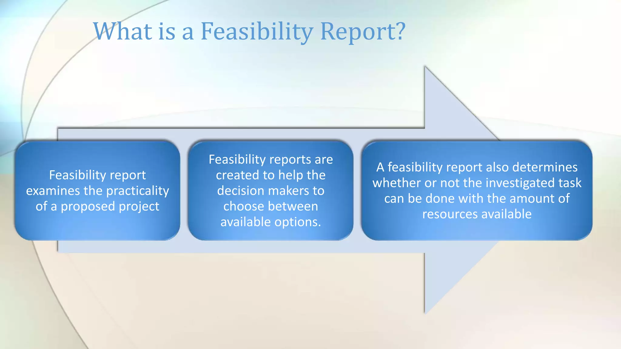 Feasibility report
examines the practicality
of a proposed project
Feasibility reports are
created to help the
decision makers to
choose between
available options.
A feasibility report also determines
whether or not the investigated task
can be done with the amount of
resources available
What is a Feasibility Report?
 